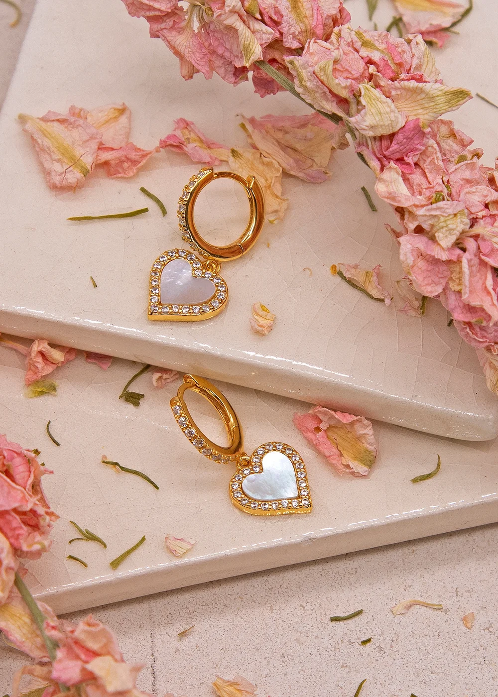 Golden Moments Sterling Silver Yellow Gold Plated Mother of Pearl & CZ Heart Hoop Drop Earring - One Size Image 2