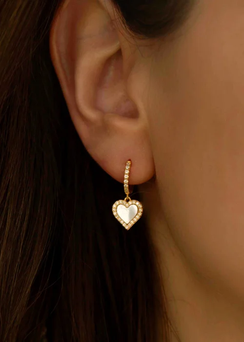 Golden Moments Sterling Silver Yellow Gold Plated Mother of Pearl & CZ Heart Hoop Drop Earring - One Size Image 3