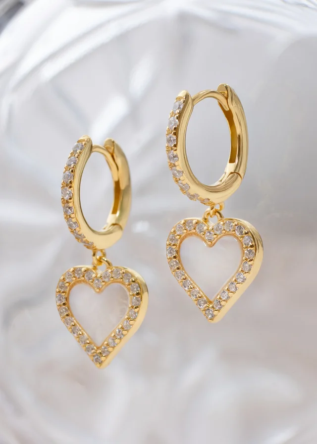 Golden Moments Sterling Silver Yellow Gold Plated Mother of Pearl & CZ Heart Hoop Drop Earring