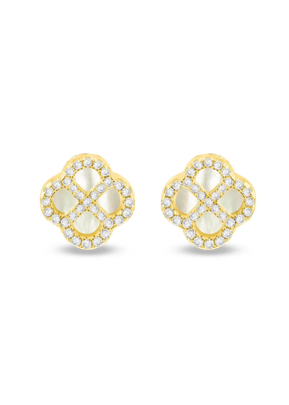 Golden Moments Sterling Silver Yellow Gold Plated Clover Mother Of Pearl and White CZ Stud Earrings - One Size Image 1