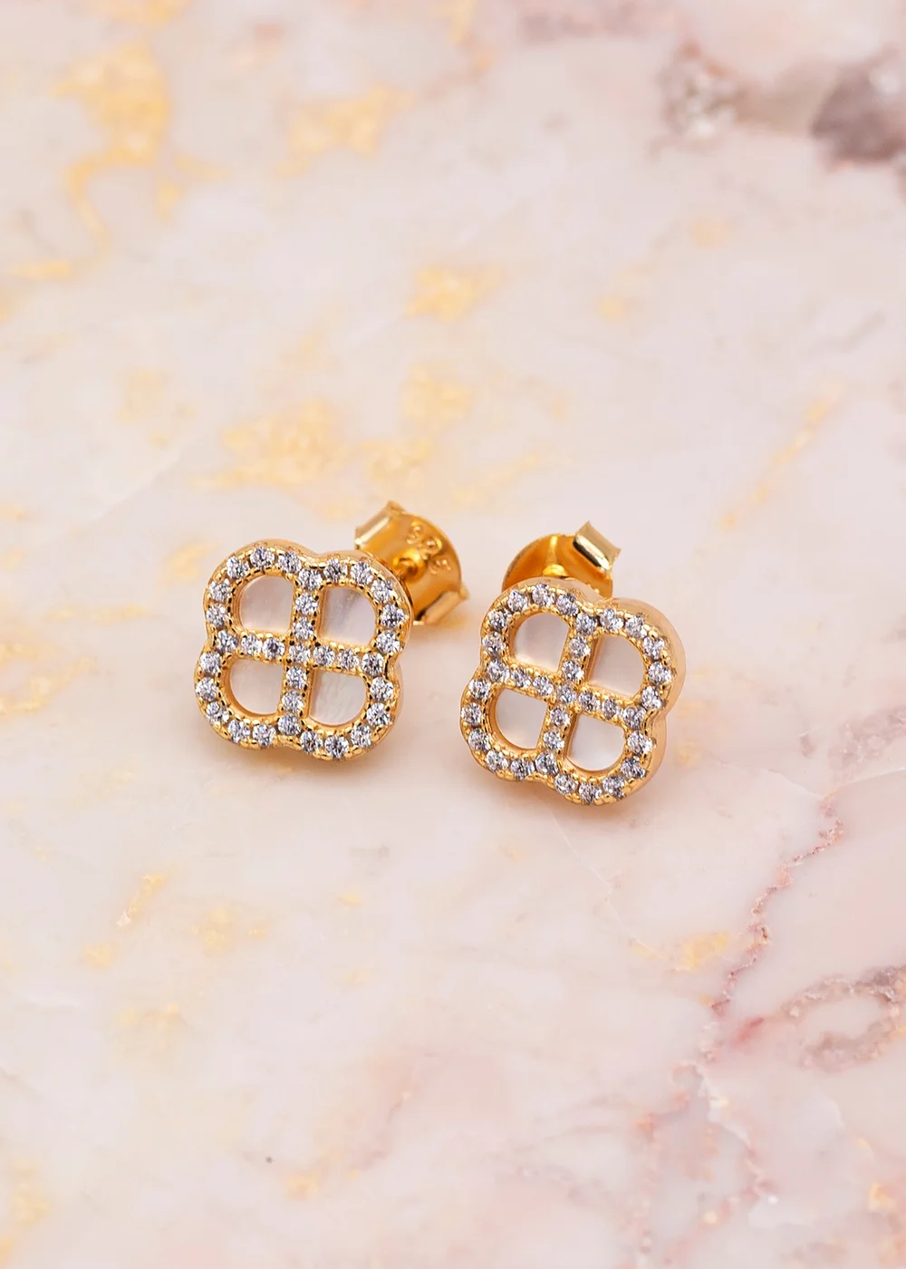 Golden Moments Sterling Silver Yellow Gold Plated Clover Mother Of Pearl and White CZ Stud Earrings - One Size Image 2