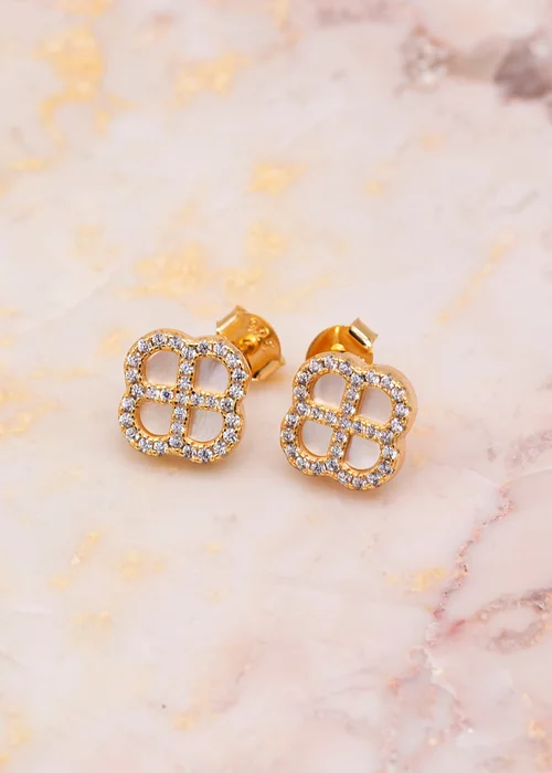 Golden Moments Sterling Silver Yellow Gold Plated Clover Mother Of Pearl and White CZ Stud Earrings - One Size Image 2
