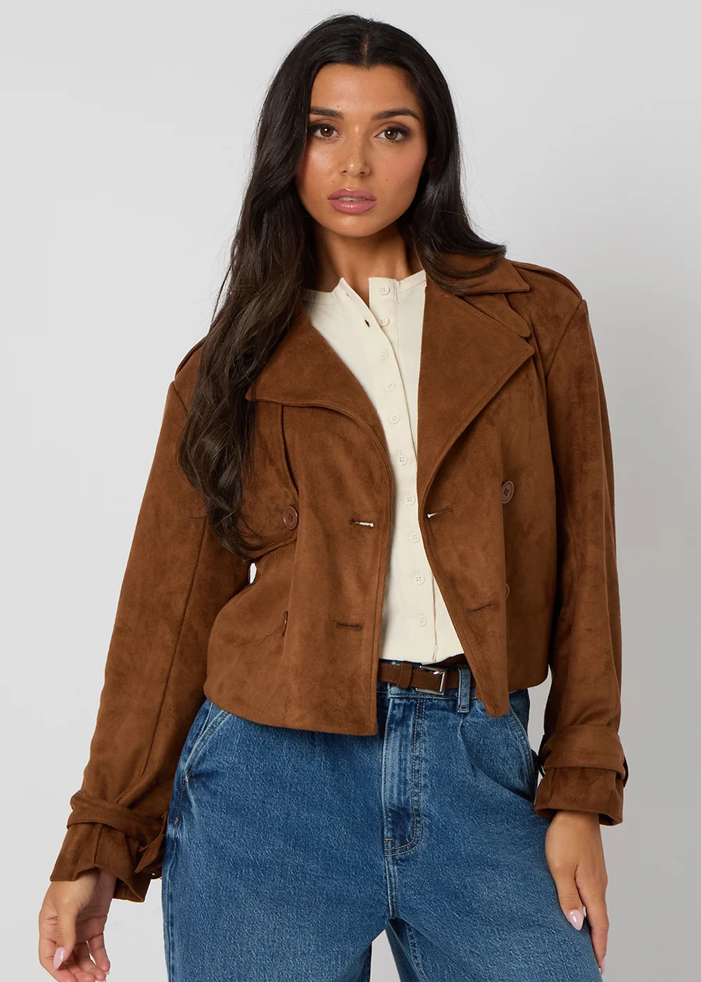Urban Bliss Chocolate Faux Suede Cropped Trench - 12 Image 2