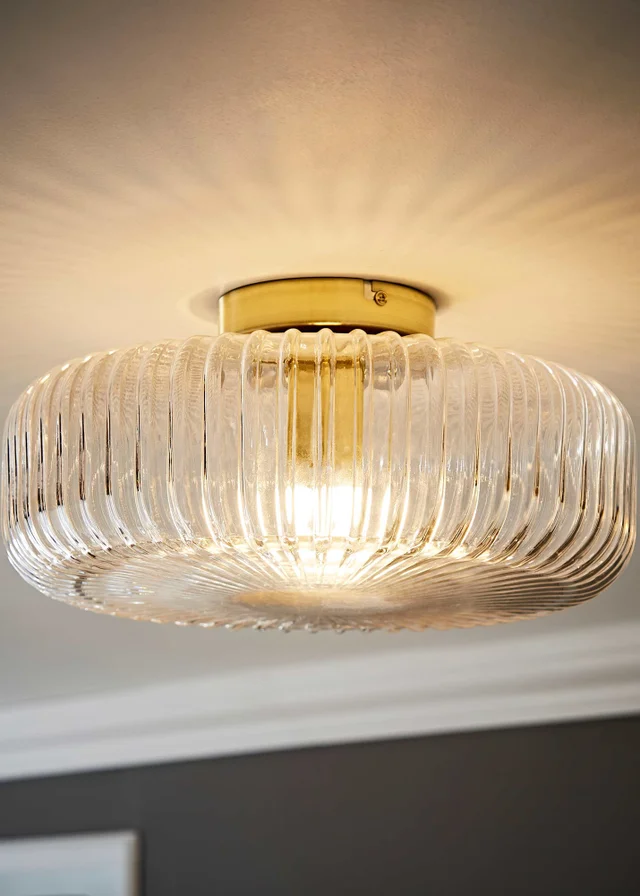 ValueLights Calpe Large Brass Ceiling Light Ribbed Smoked Shade