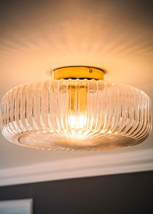 ValueLights Calpe Large Brass Ceiling Light Ribbed Smoked Shade