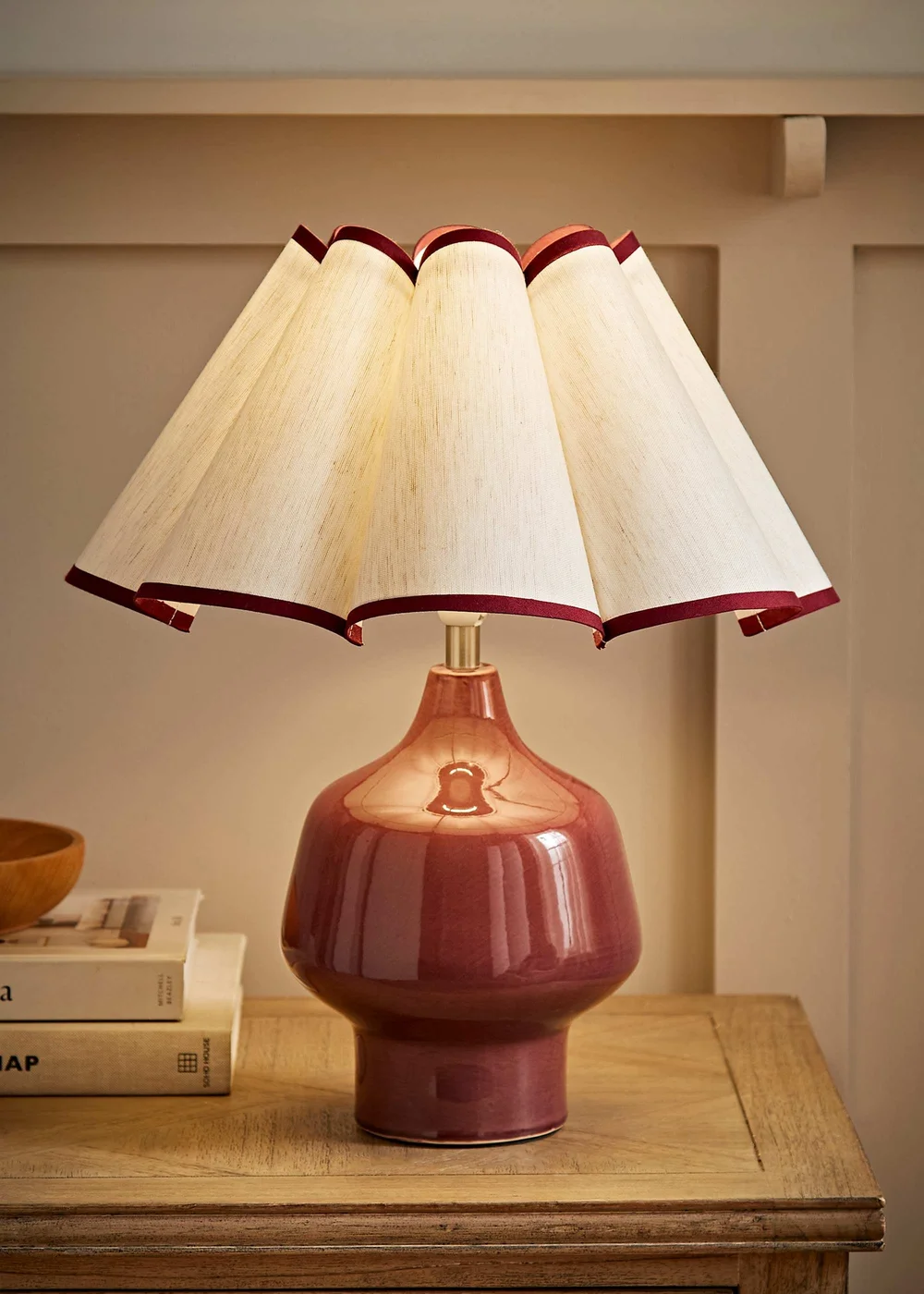 ValueLights Jamie Burgundy Ceramic Table Lamp with Scallop Trim Shade - One Size Image 1