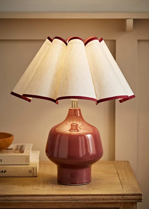 ValueLights Jamie Burgundy Ceramic Table Lamp with Scallop Trim Shade - One Size Image 1