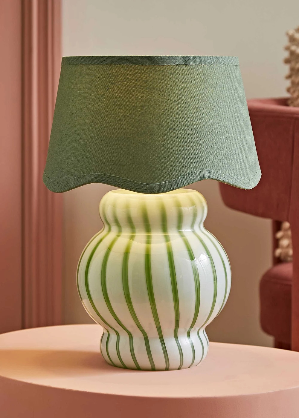 ValueLights Taffy Green Stripe Glass Table Lamp with Sage Scallop Shade - One Size Image 1