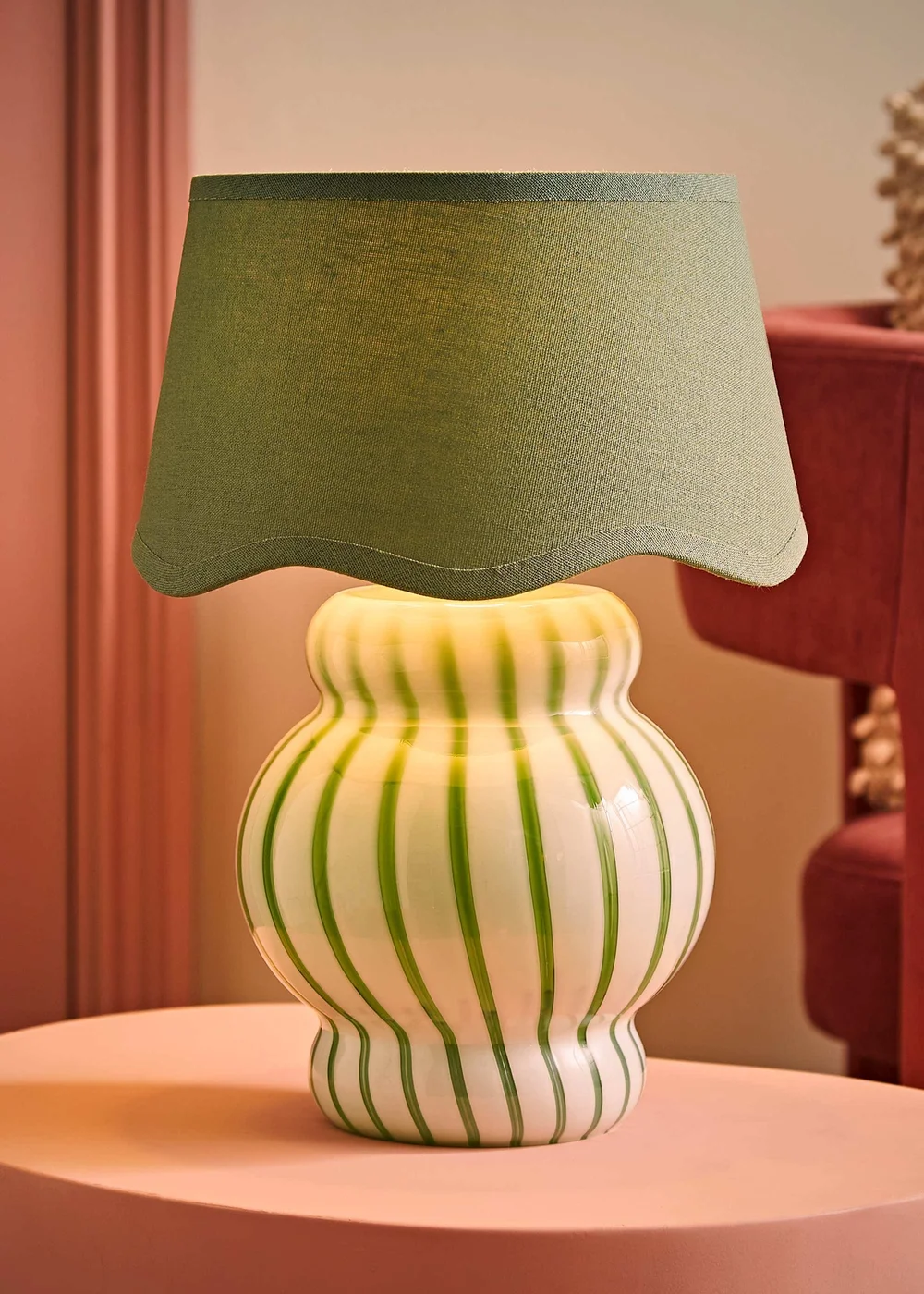 ValueLights Taffy Green Stripe Glass Table Lamp with Sage Scallop Shade - One Size Image 2