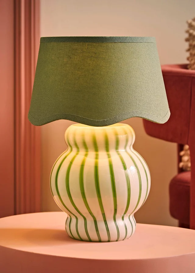 ValueLights Taffy Green Stripe Glass Table Lamp with Sage Scallop Shade