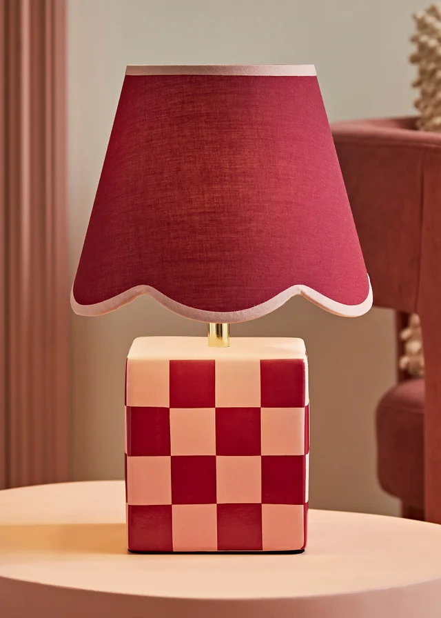 ValueLights Evie Burgundy Checkerboard Table Lamp with Scallop Shade