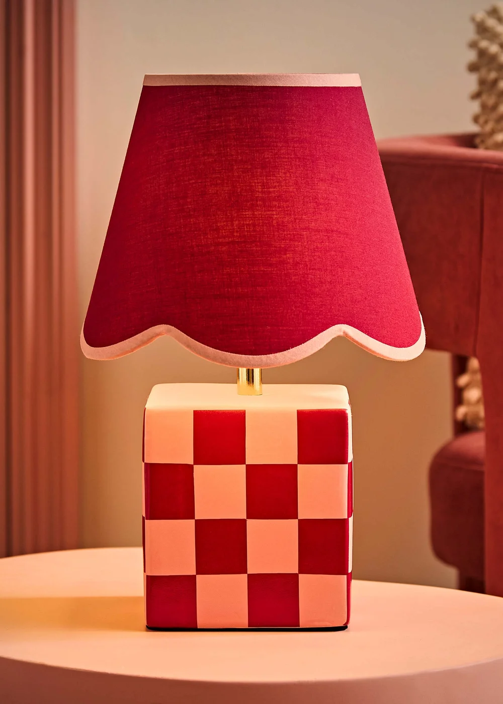 ValueLights Evie Burgundy Checkerboard Table Lamp with Scallop Shade - One Size Image 2