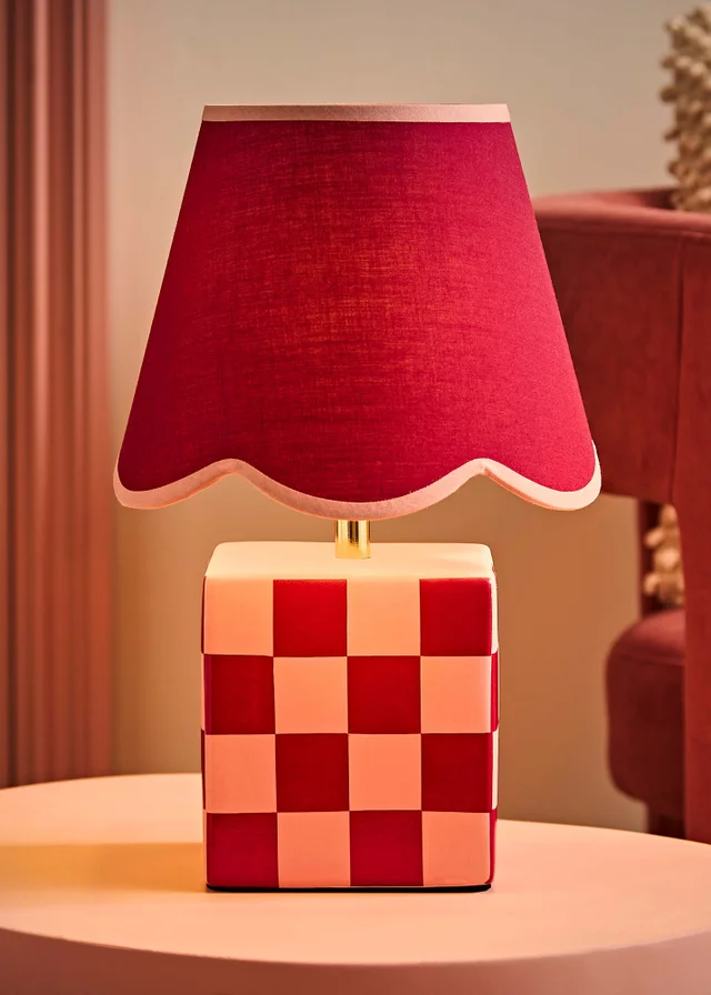 ValueLights Evie Burgundy Checkerboard Table Lamp with Scallop Shade