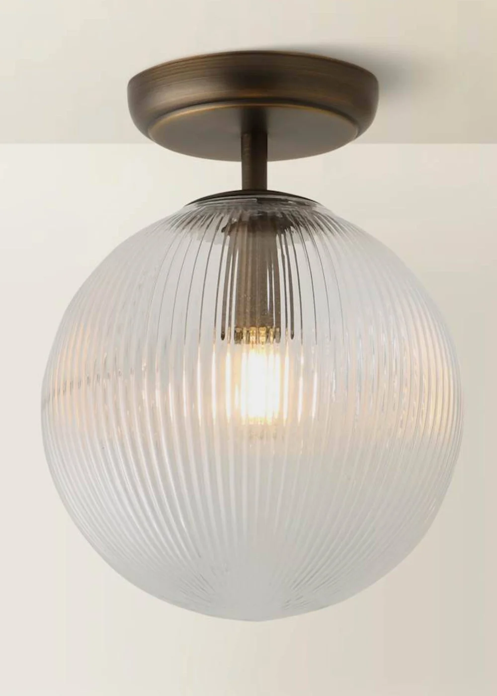ValueLights Kempton Brass Flush Ceiling Light with Ribbed Globe Shade - One Size Image 3