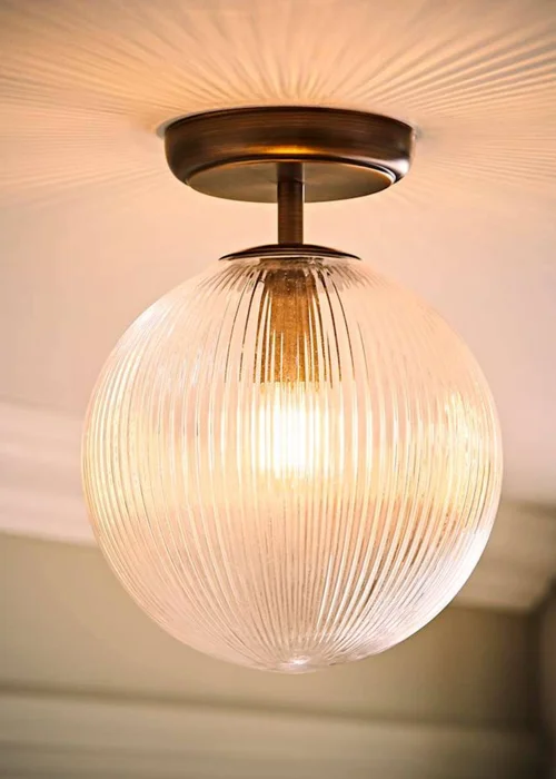 ValueLights Kempton Brass Flush Ceiling Light with Ribbed Globe Shade - One Size Image 2