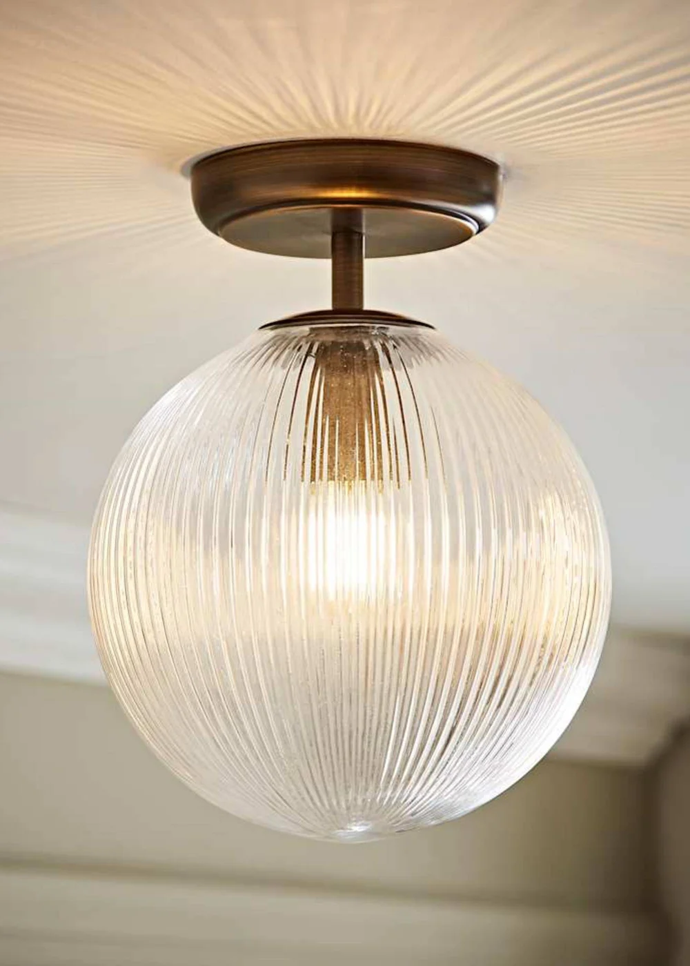 ValueLights Kempton Brass Flush Ceiling Light with Ribbed Globe Shade - One Size Image 1