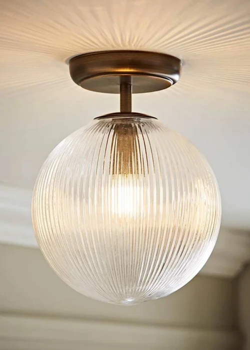 ValueLights Kempton Brass Flush Ceiling Light with Ribbed Globe Shade - One Size Image 1