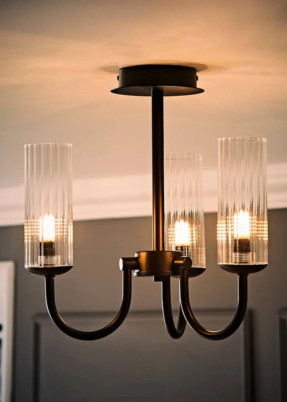 ValueLights Canya 3 Way Black Ceiling Light Clear Ribbed Shades - One Size Image 2