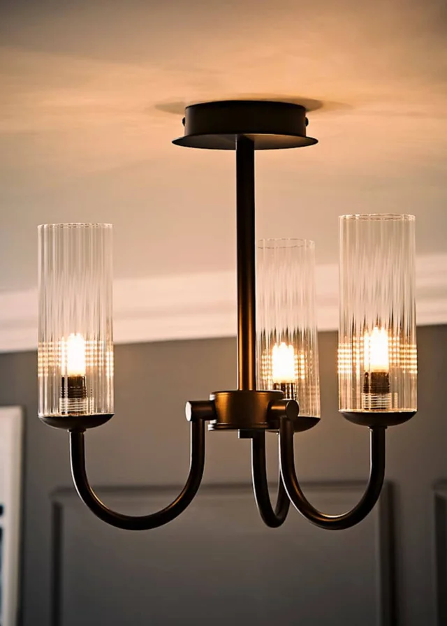 ValueLights Canya 3 Way Black Ceiling Light Clear Ribbed Shades