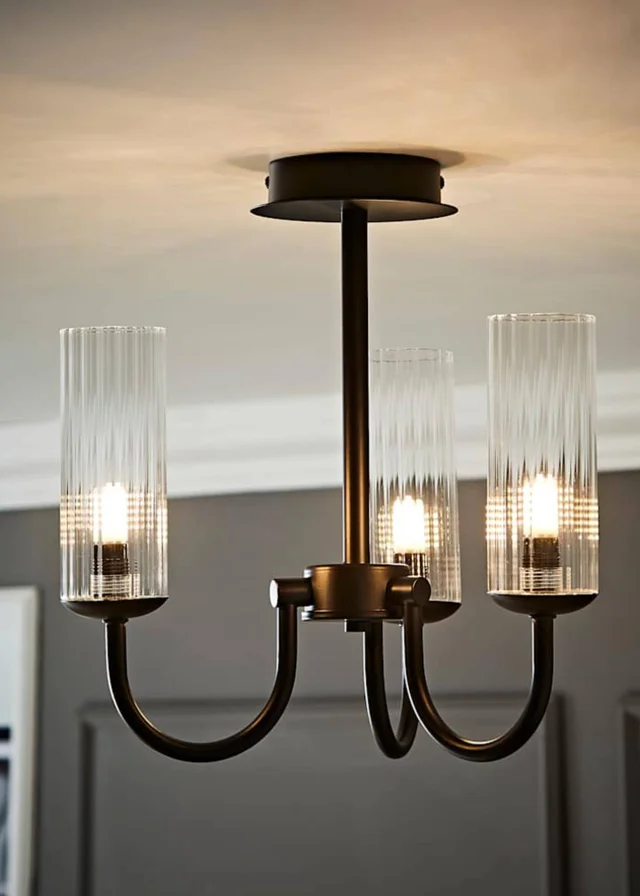 ValueLights Canya 3 Way Black Ceiling Light Clear Ribbed Shades