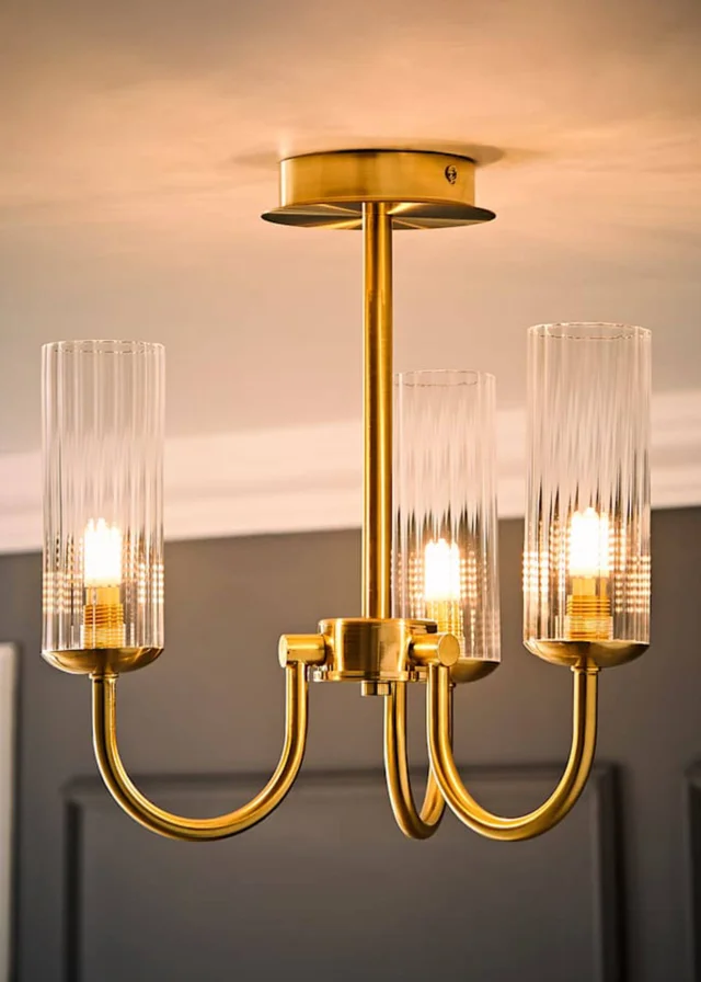 ValueLights Canya 3 Way Gold Ceiling Light Clear Ribbed Shades