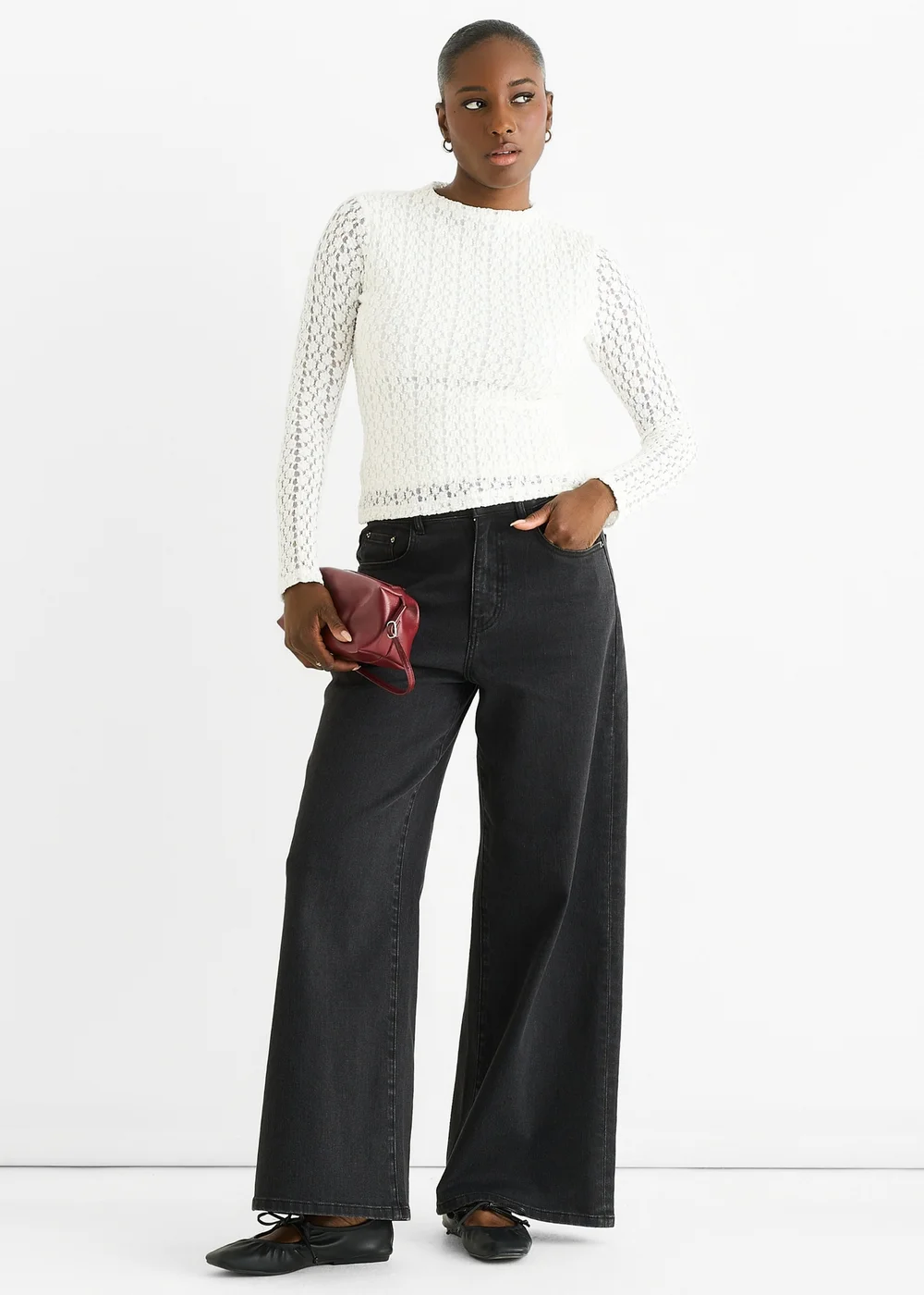 Gini London White High Neck Jersey Lace Long Sleeves Top - 10 Image 1
