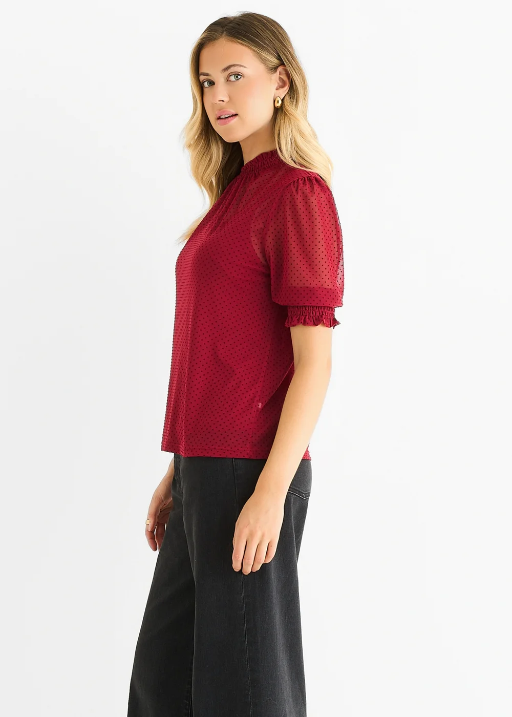 Gini London Red HIgh Neck Lace loose Fit Blouse - 12 Image 4