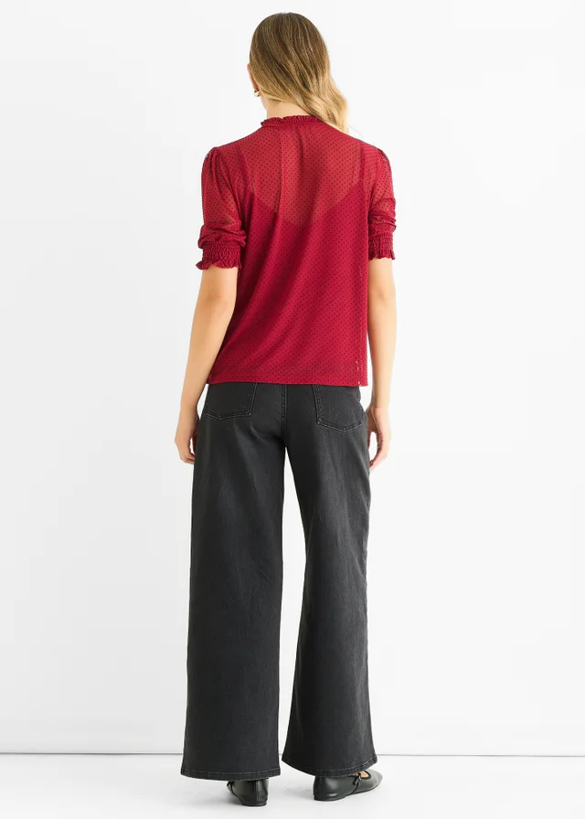 Gini London Red HIgh Neck Lace loose Fit Blouse