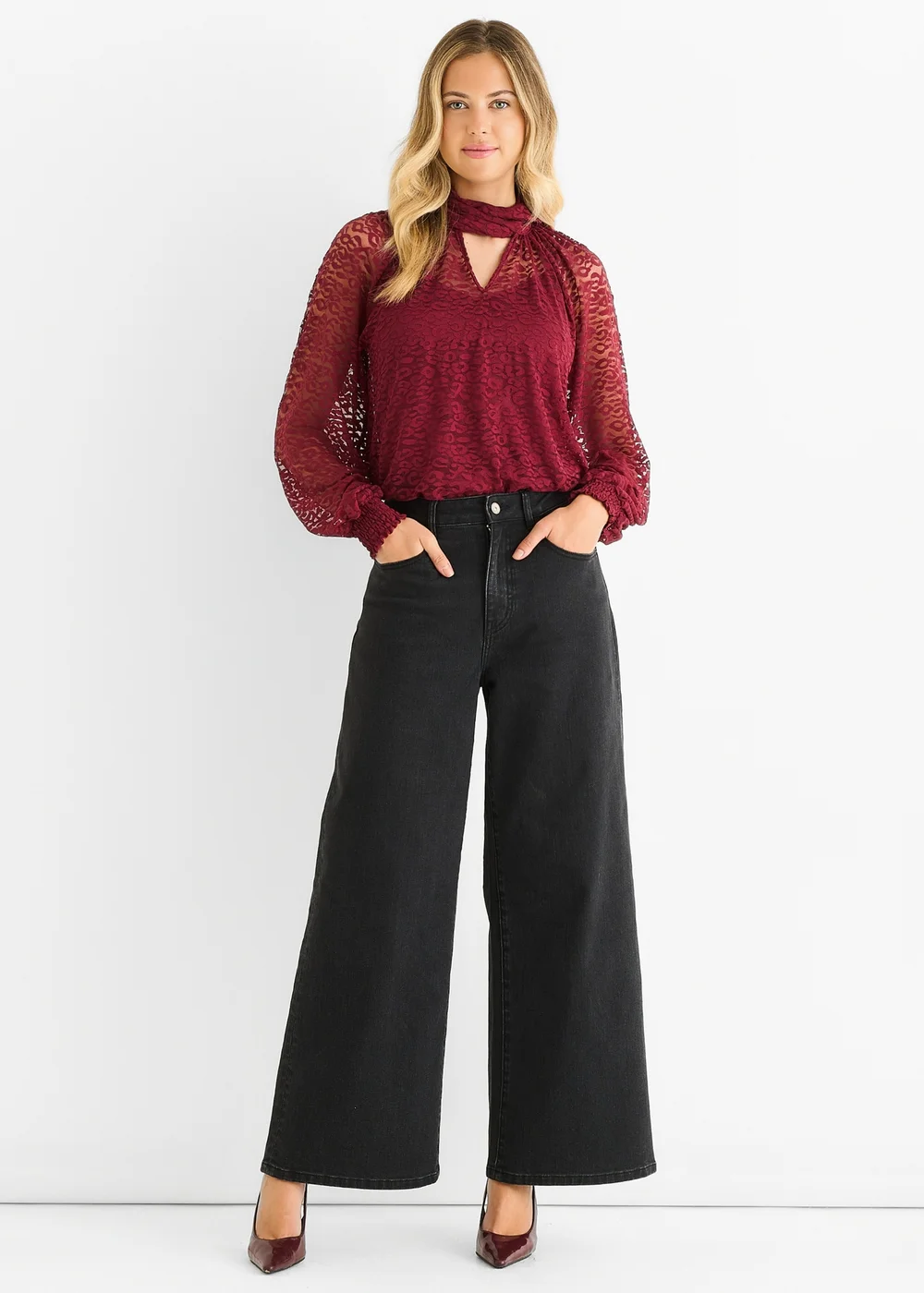 Gini London Burgundy Animal Lace Neck Tie Detail Blouse - 12 Image 1