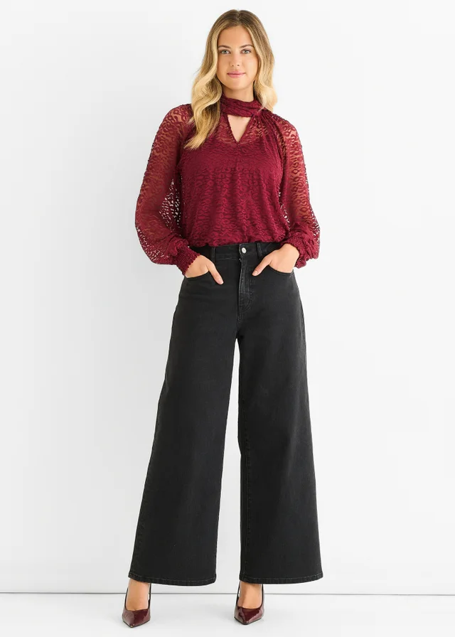 Gini London Burgundy Animal Lace Neck Tie Detail Blouse