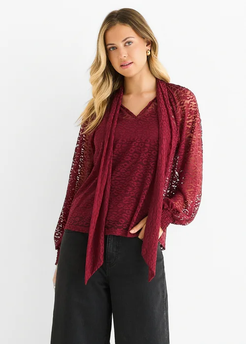 Gini London Burgundy Animal Lace Neck Tie Detail Blouse - 12 Image 3