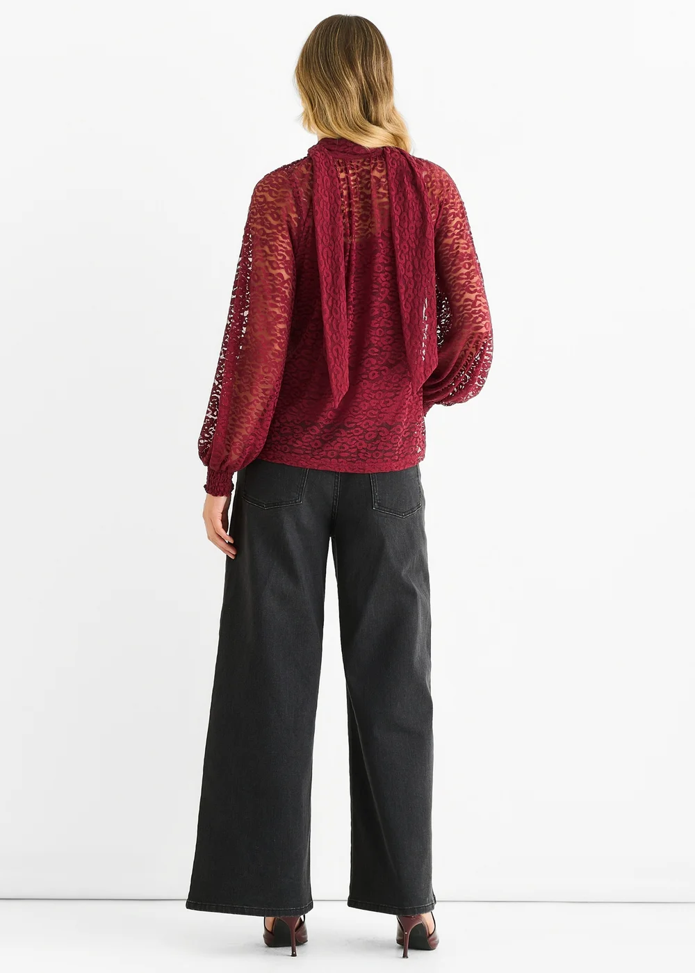 Gini London Burgundy Animal Lace Neck Tie Detail Blouse - 12 Image 2