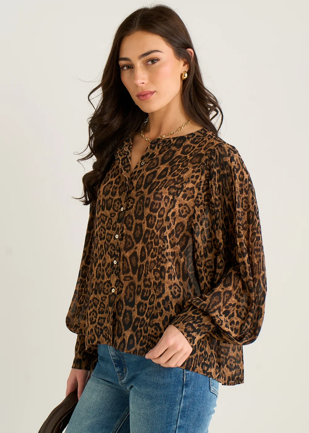 Gini London Brown Chiffon Animal Print Pleated Shift Shirt Blouse - L/XL Image 4