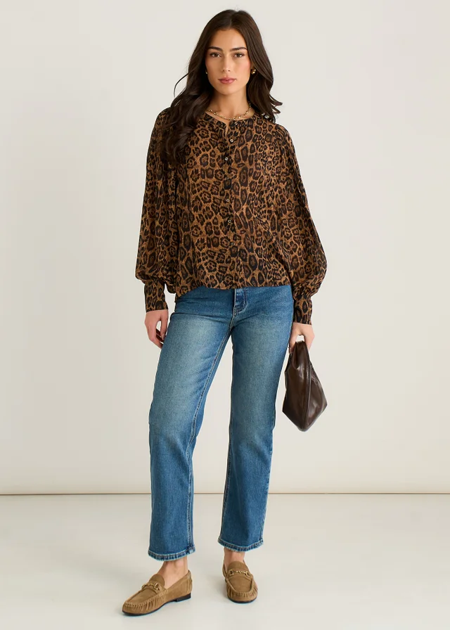 Gini London Brown Chiffon Animal Print Pleated Shift Shirt Blouse