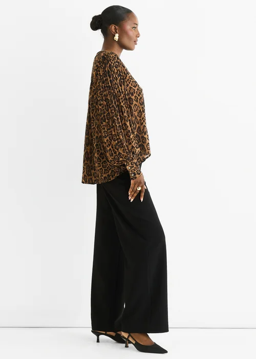 Gini London Brown Chiffon Animal Print Pleated Shift Shirt Blouse - L/XL Image 5