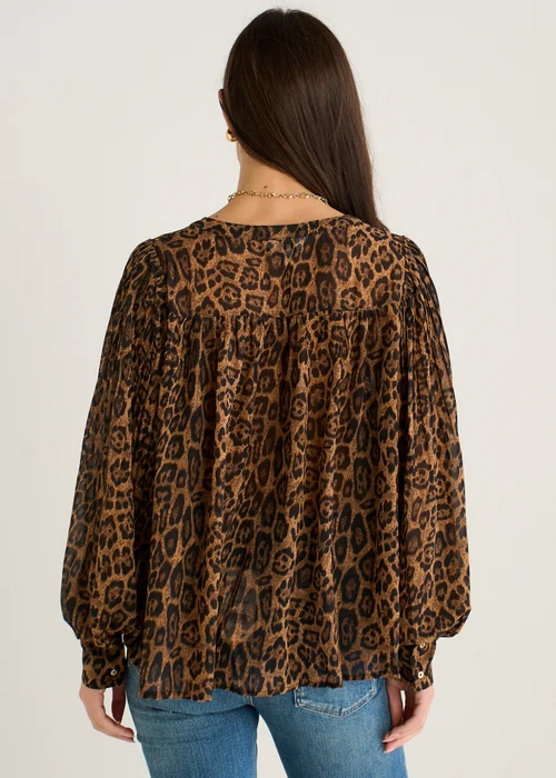Gini London Brown Chiffon Animal Print Pleated Shift Shirt Blouse - L/XL Image 2