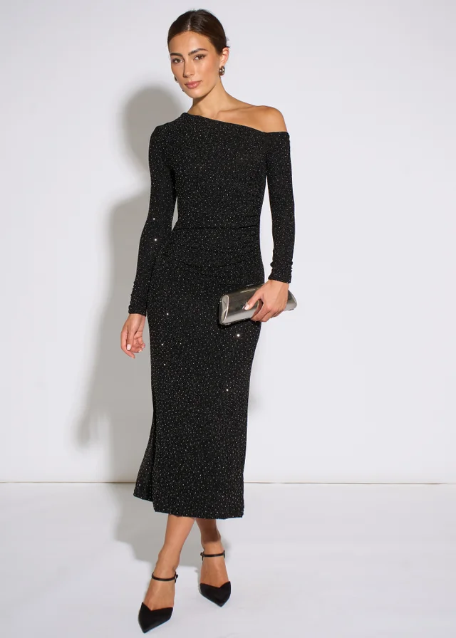 Gini London Black Hot Fix Studded Jersey Midi Dress