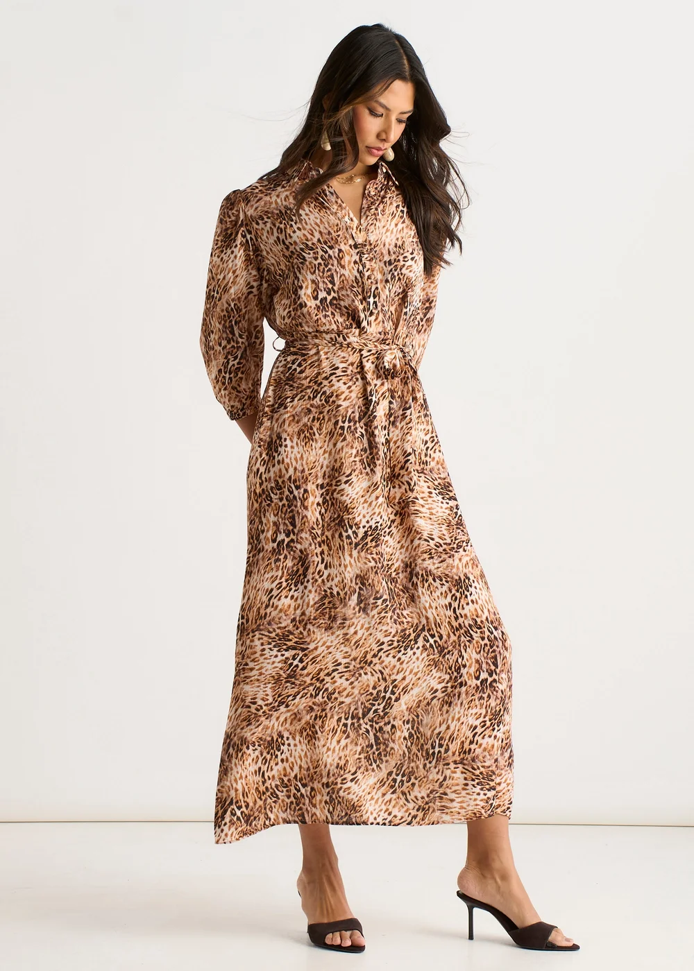 Gini London Brown Animal Printed Shirt Midi Dress - 12 Image 4
