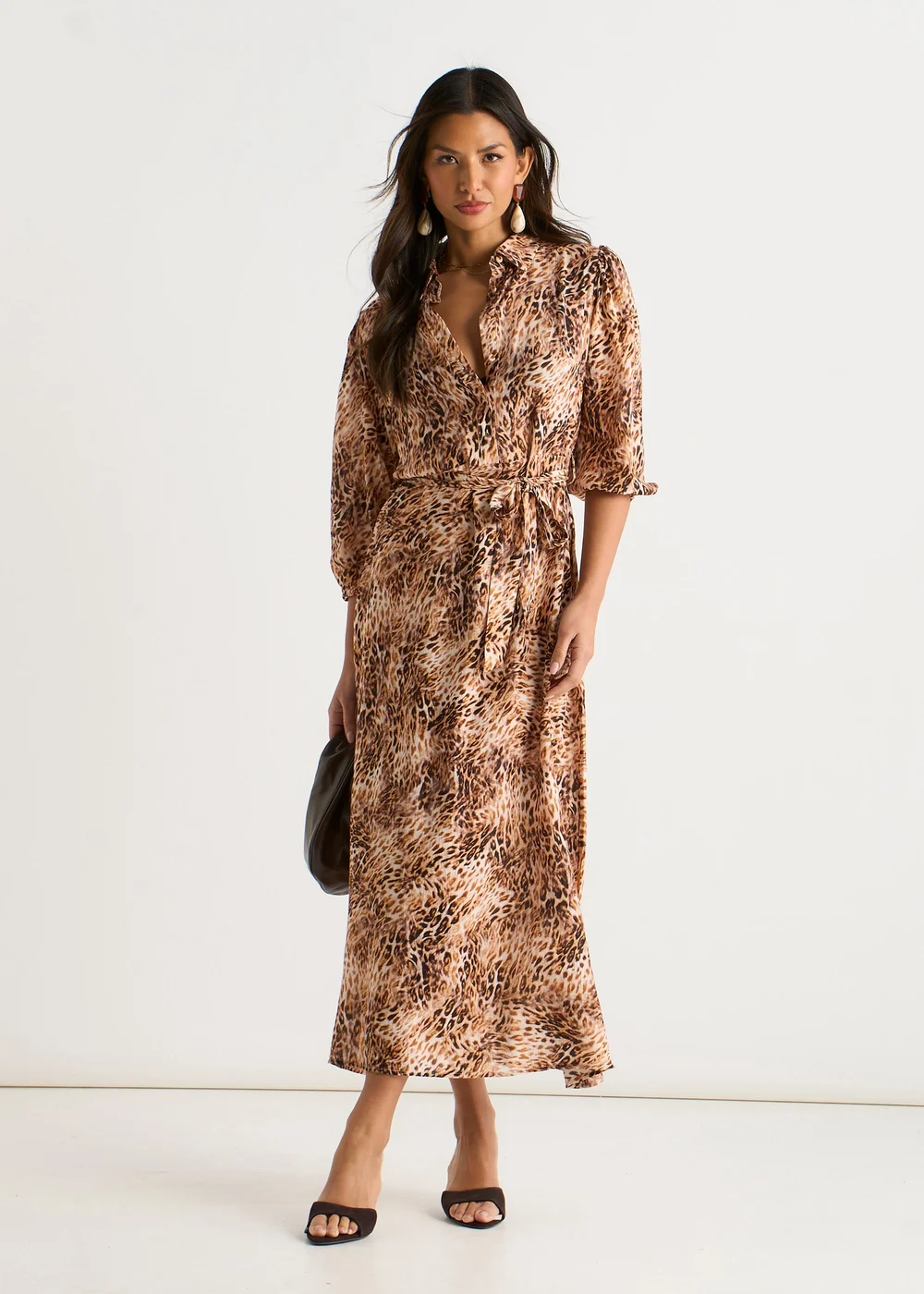 Gini London Brown Animal Printed Shirt Midi Dress - 12 Image 1