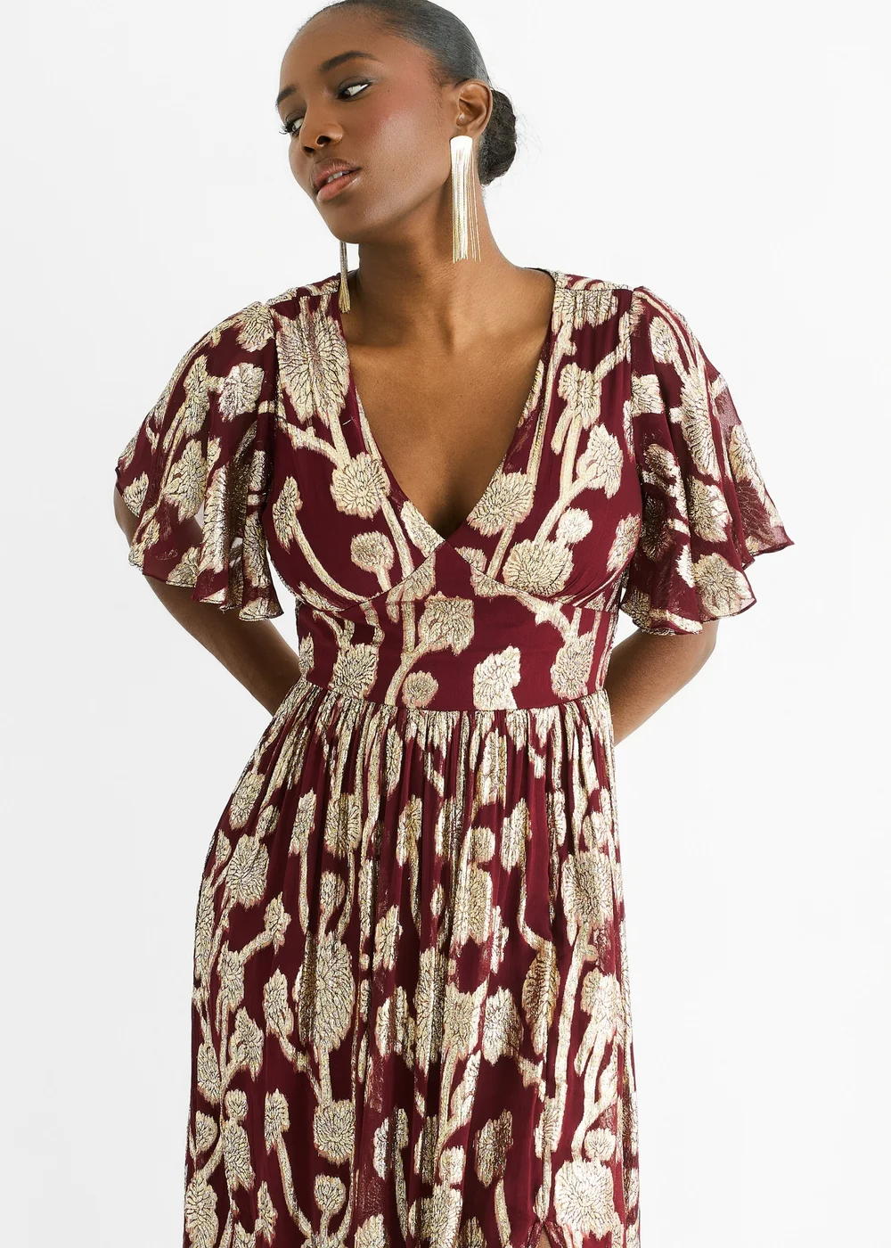 Gini London Burgundy Metallic Jacquard Flutter Sleeves Floral Maxi Dress - 14 Image 4