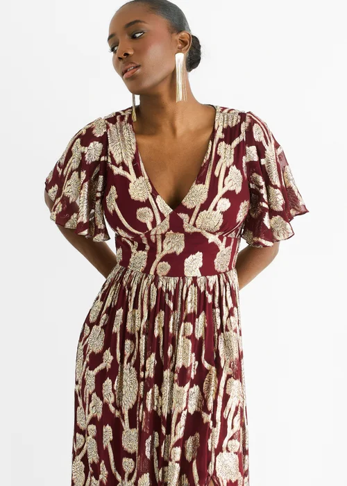 Gini London Burgundy Metallic Jacquard Flutter Sleeves Floral Maxi Dress - 14 Image 4