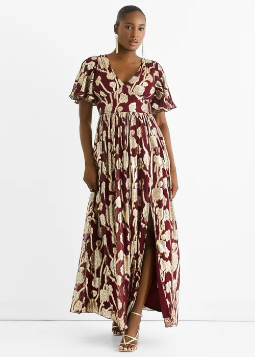 Gini London Burgundy Metallic Jacquard Flutter Sleeves Floral Maxi Dress - 14 Image 2