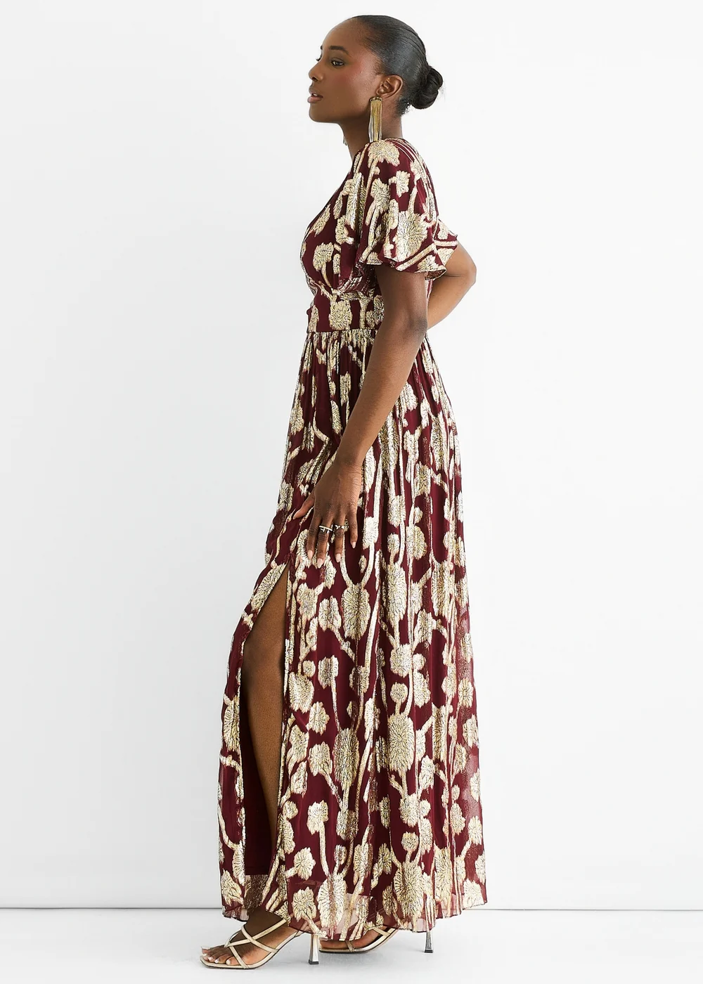 Gini London Burgundy Metallic Jacquard Flutter Sleeves Floral Maxi Dress - 14 Image 5