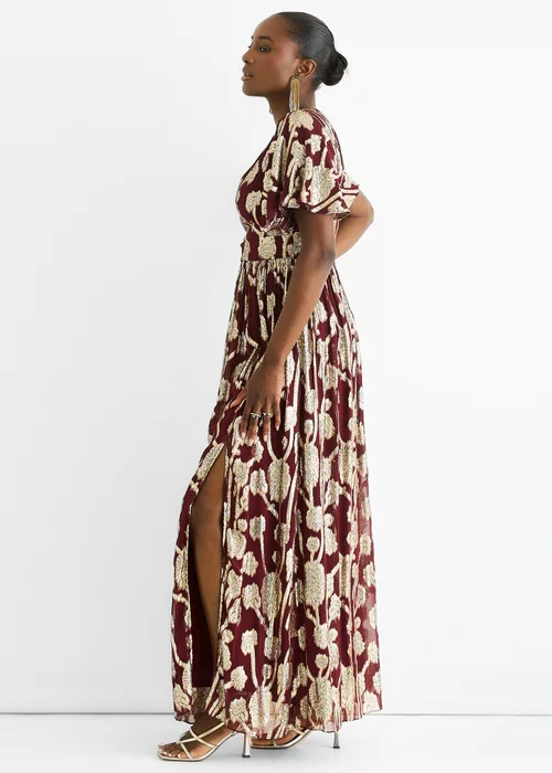 Gini London Burgundy Metallic Jacquard Flutter Sleeves Floral Maxi Dress - 14 Image 5