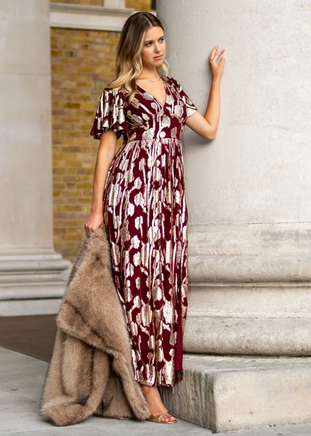Gini London Burgundy Metallic Jacquard Flutter Sleeves Floral Maxi Dress
