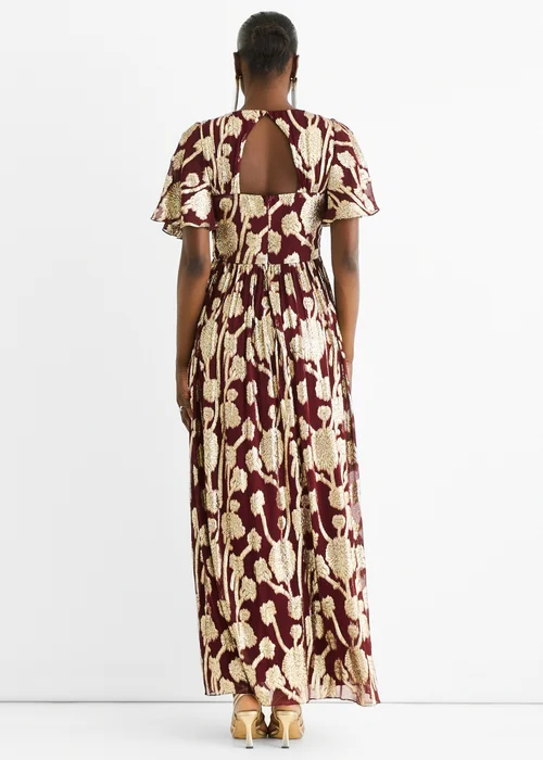 Gini London Burgundy Metallic Jacquard Flutter Sleeves Floral Maxi Dress - 14 Image 3
