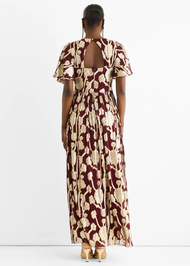 Gini London Burgundy Metallic Jacquard Flutter Sleeves Floral Maxi Dress
