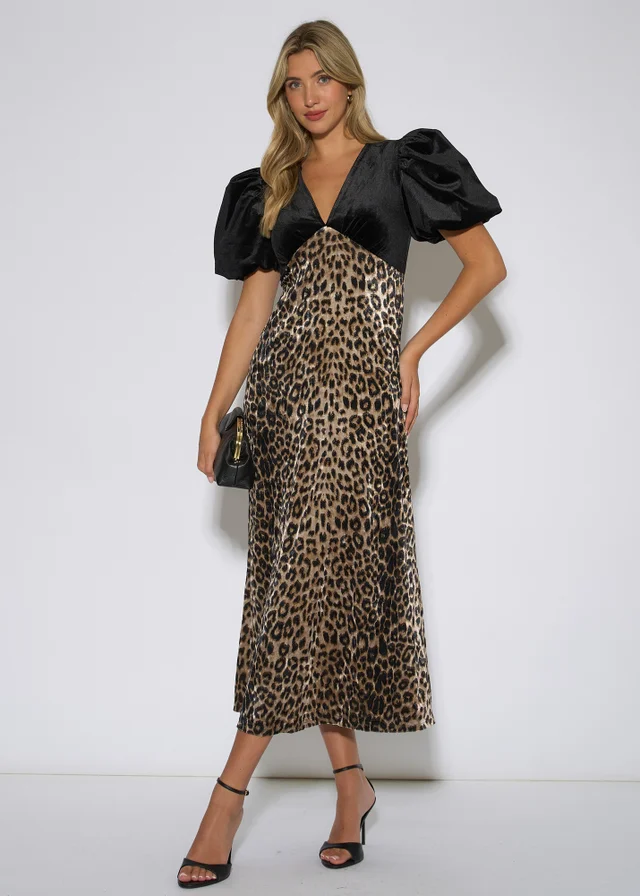 Gini London Black Animal Velvet Contrast Top Ocassion Midi Dress