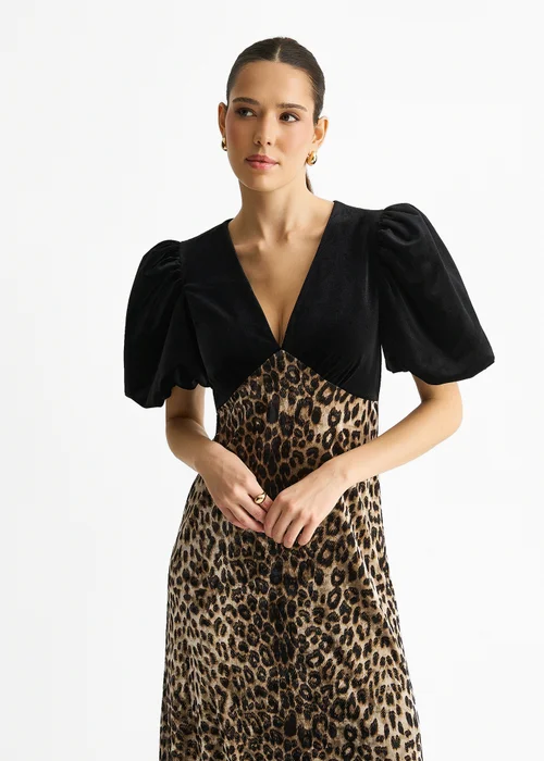 Gini London Black Animal Velvet Contrast Top Ocassion Midi Dress - 10 Image 3