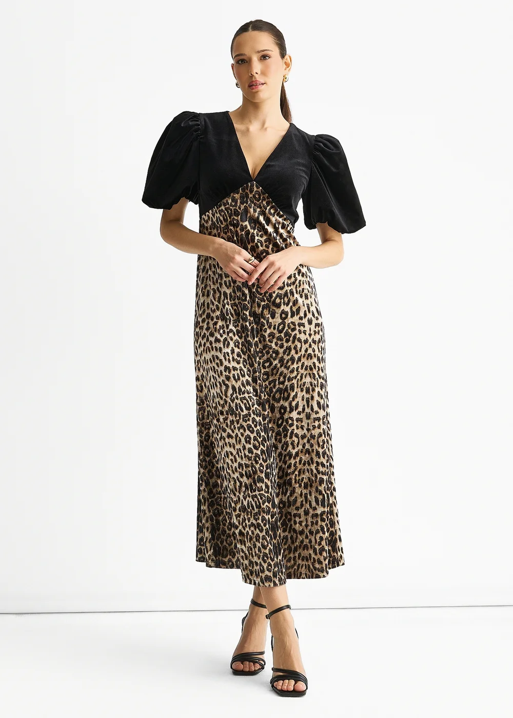 Gini London Black Animal Velvet Contrast Top Ocassion Midi Dress - 10 Image 1